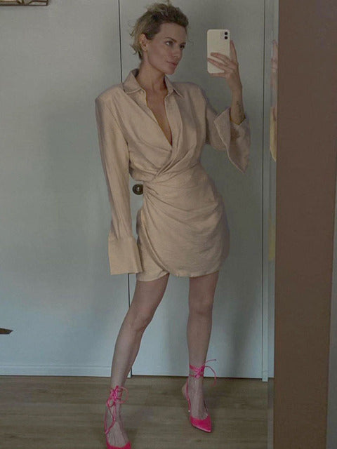 2022 Spring Padded Shoulder Long Sleeve Fashion Female Shirt Dress Woman  Elegant Sexy Ruched Casual Party Dresses for Women 2021 - Womens Sexy Wear